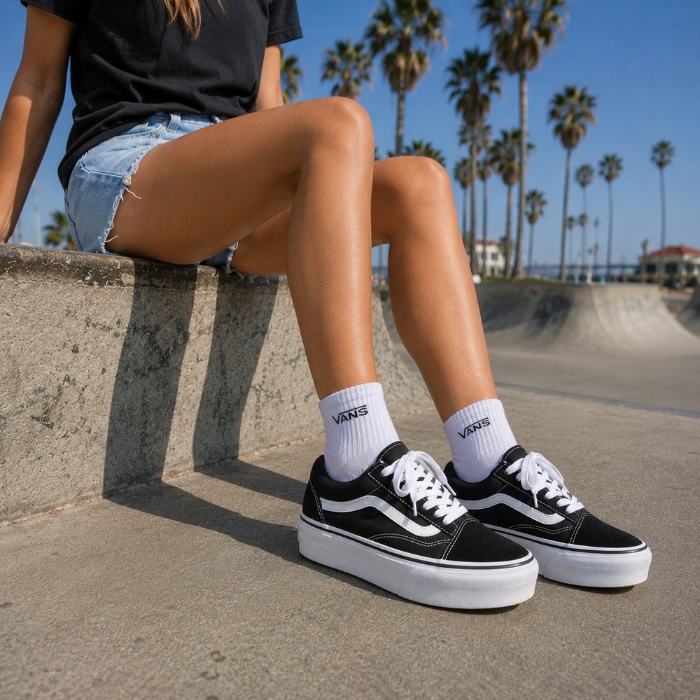 Vans Old Skool Platform Sneakers Black White Canvas Suede Skate Shoes Womens 7.5